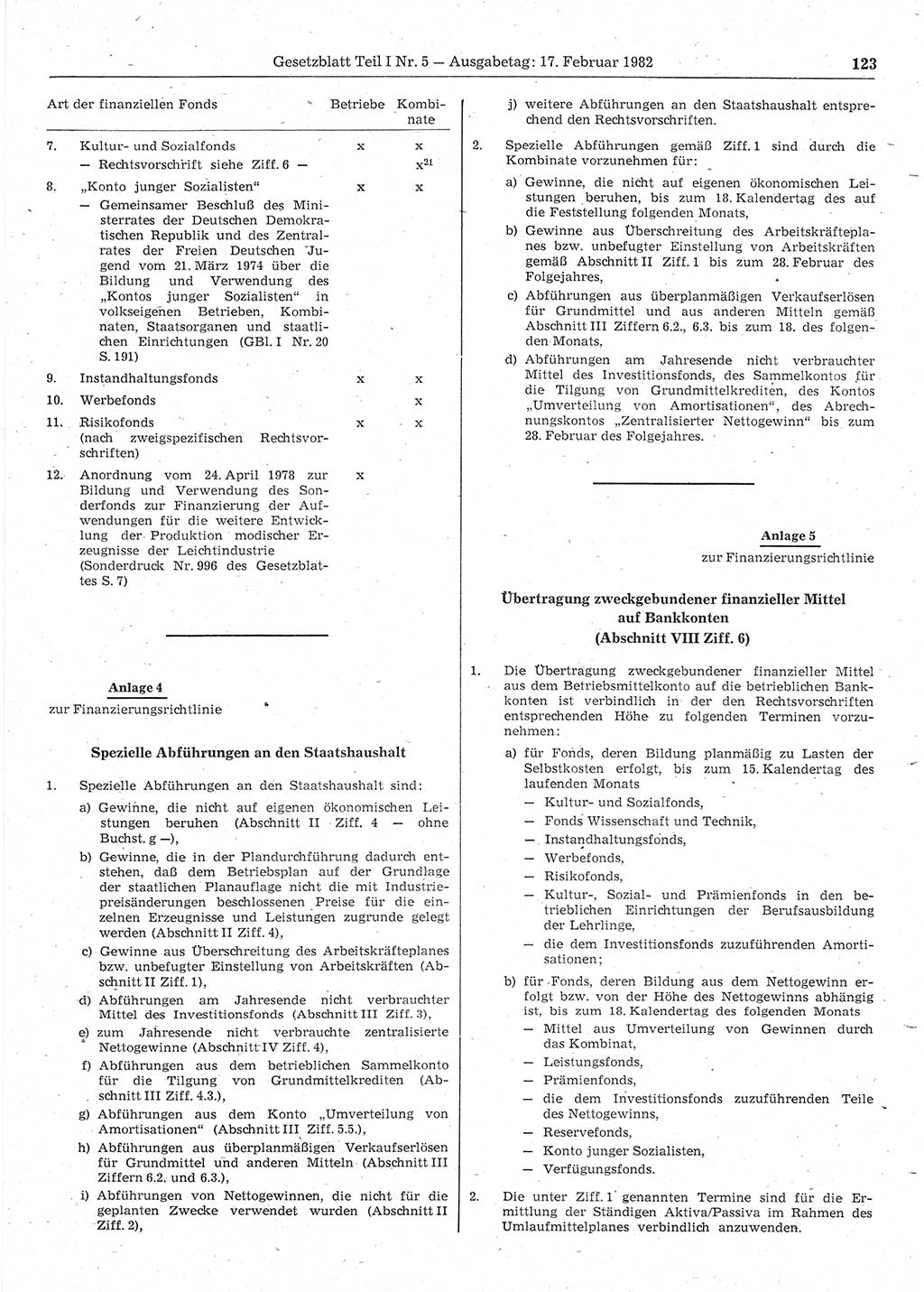 Gesetzblatt (GBl.) der Deutschen Demokratischen Republik (DDR) Teil Ⅰ 1982, Seite 123 (GBl. DDR Ⅰ 1982, S. 123)