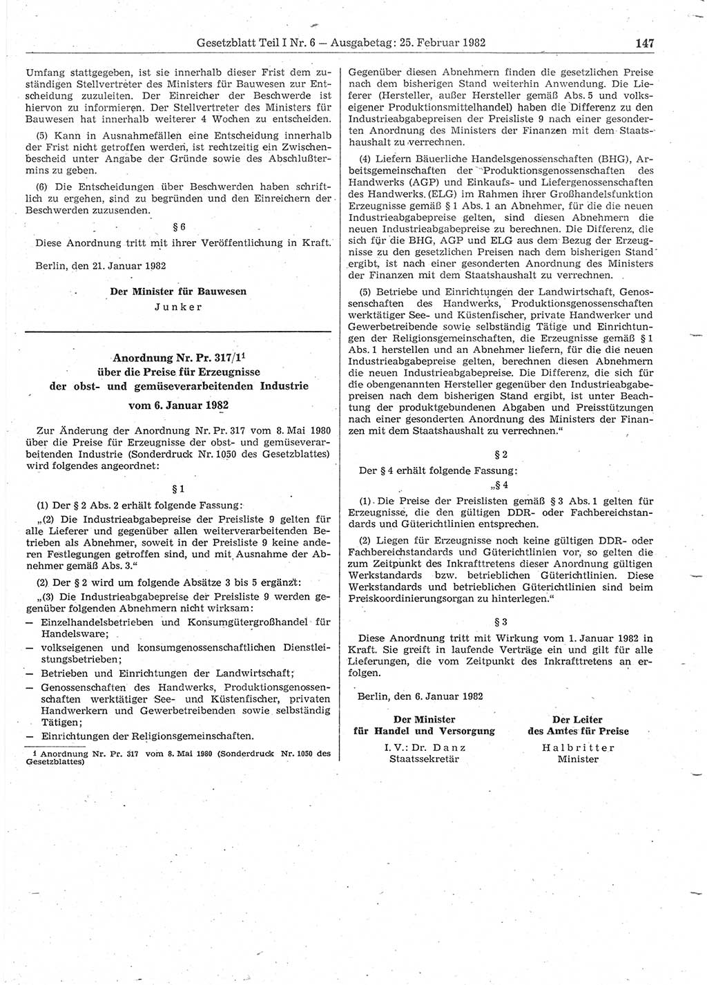Gesetzblatt (GBl.) der Deutschen Demokratischen Republik (DDR) Teil Ⅰ 1982, Seite 147 (GBl. DDR Ⅰ 1982, S. 147)