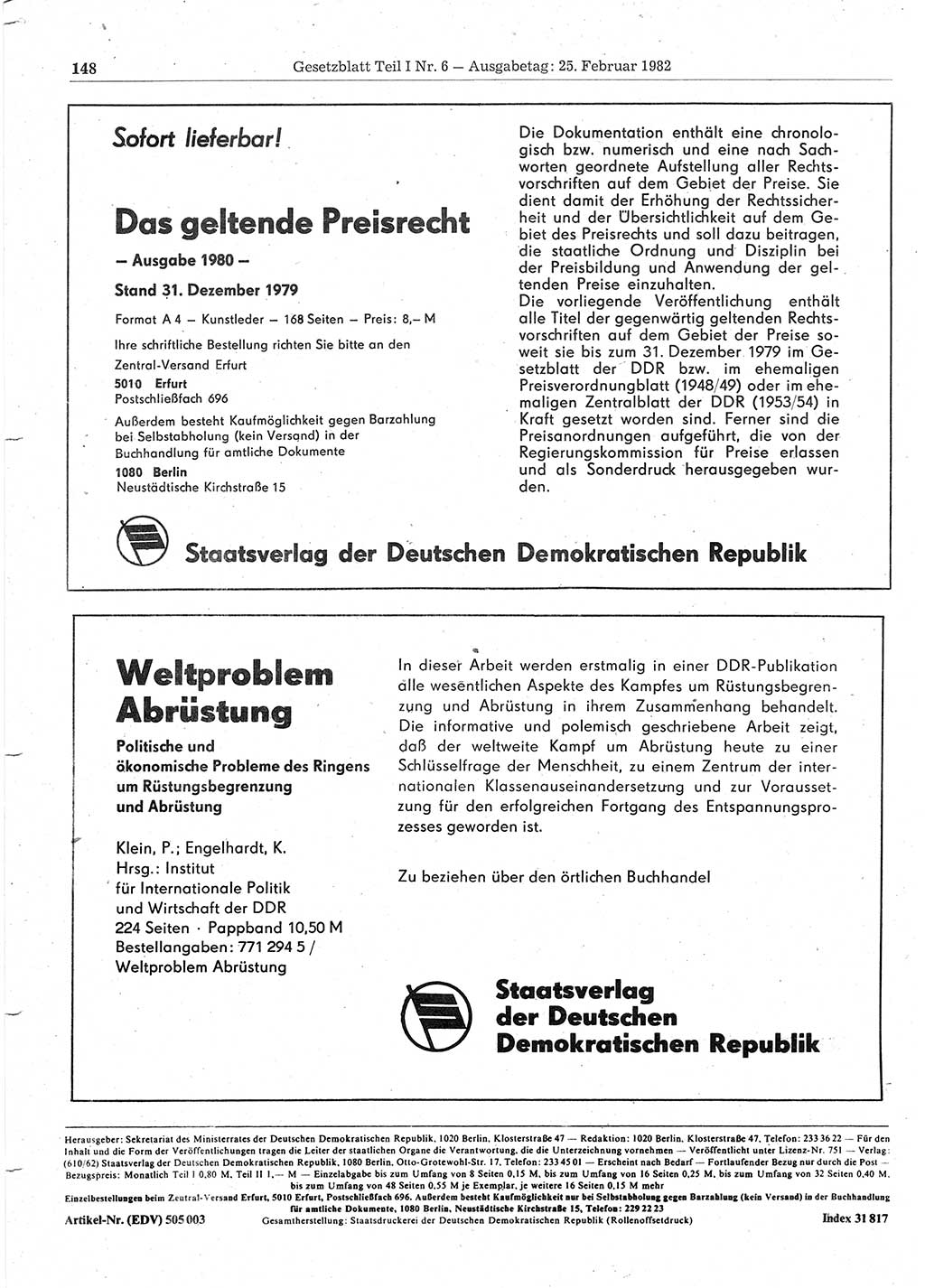 Gesetzblatt (GBl.) der Deutschen Demokratischen Republik (DDR) Teil Ⅰ 1982, Seite 148 (GBl. DDR Ⅰ 1982, S. 148)