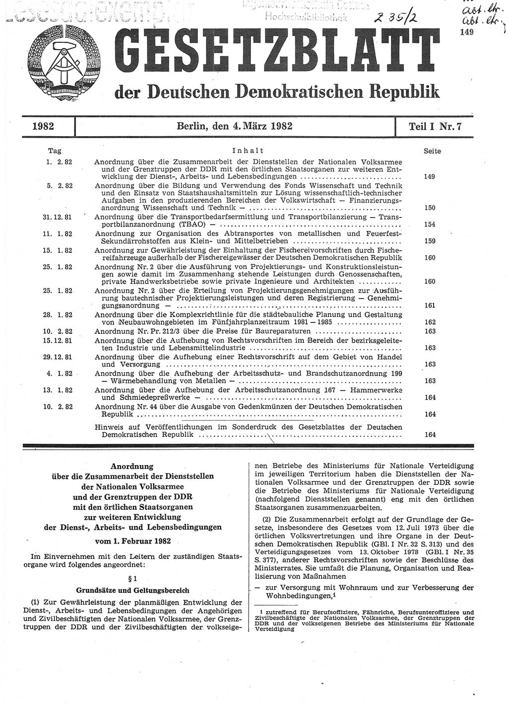 Gesetzblatt (GBl.) der Deutschen Demokratischen Republik (DDR) Teil Ⅰ 1982, Seite 149 (GBl. DDR Ⅰ 1982, S. 149)