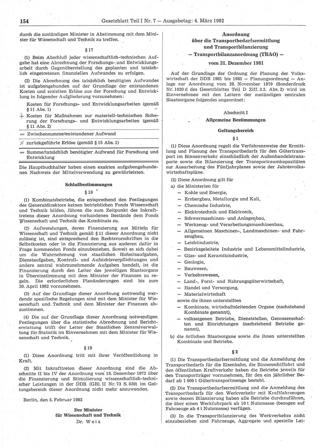 Gesetzblatt (GBl.) der Deutschen Demokratischen Republik (DDR) Teil Ⅰ 1982, Seite 154 (GBl. DDR Ⅰ 1982, S. 154)