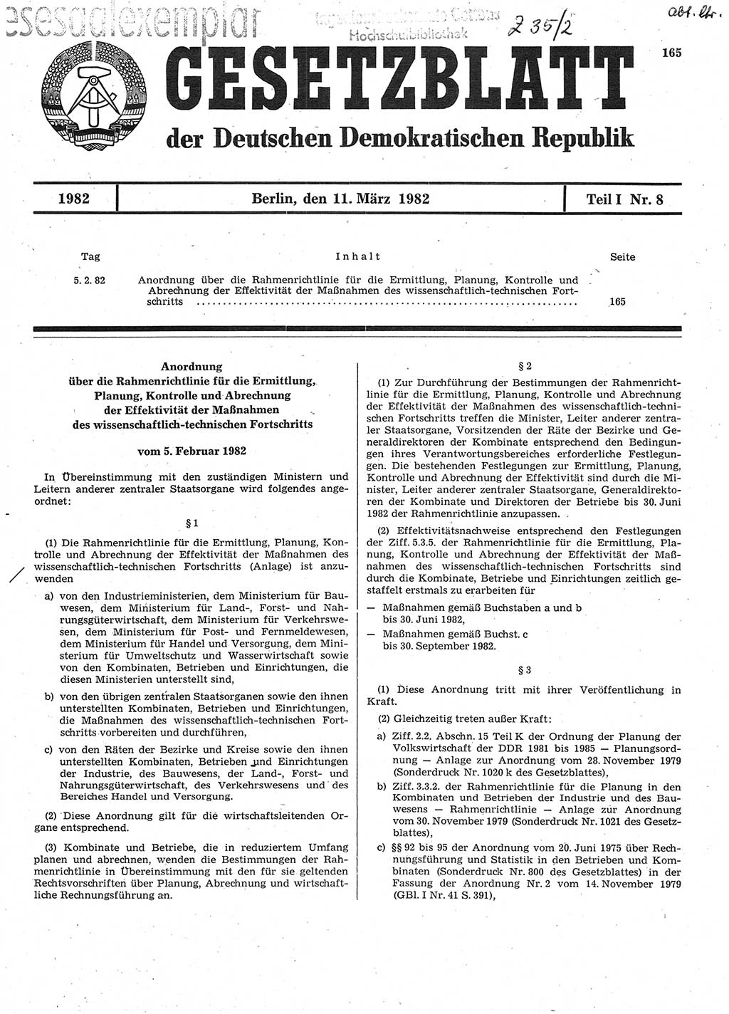 Gesetzblatt (GBl.) der Deutschen Demokratischen Republik (DDR) Teil Ⅰ 1982, Seite 165 (GBl. DDR Ⅰ 1982, S. 165)