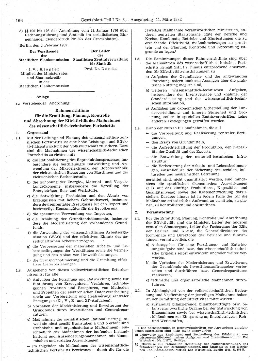 Gesetzblatt (GBl.) der Deutschen Demokratischen Republik (DDR) Teil Ⅰ 1982, Seite 166 (GBl. DDR Ⅰ 1982, S. 166)