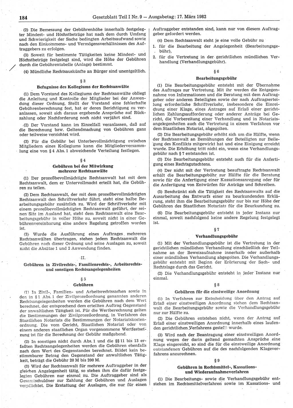 Gesetzblatt (GBl.) der Deutschen Demokratischen Republik (DDR) Teil Ⅰ 1982, Seite 184 (GBl. DDR Ⅰ 1982, S. 184)