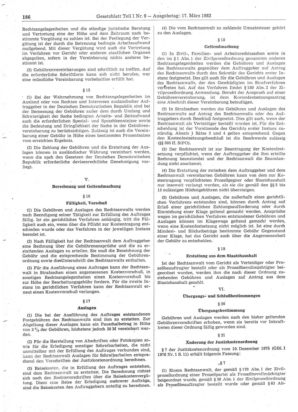 Gesetzblatt (GBl.) der Deutschen Demokratischen Republik (DDR) Teil Ⅰ 1982, Seite 186 (GBl. DDR Ⅰ 1982, S. 186)