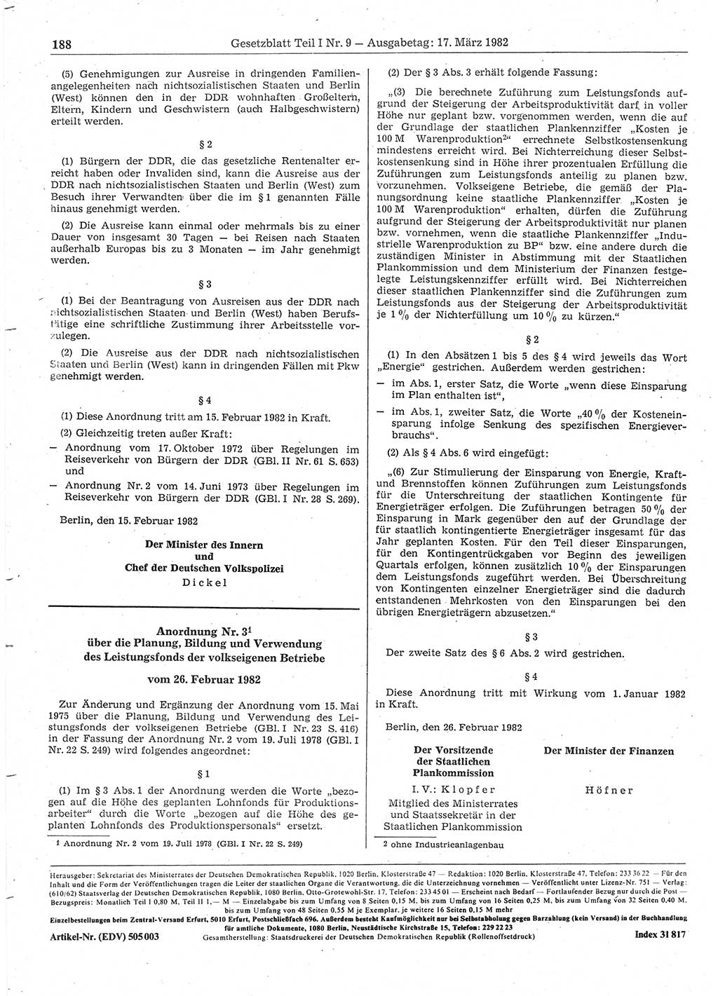 Gesetzblatt (GBl.) der Deutschen Demokratischen Republik (DDR) Teil Ⅰ 1982, Seite 188 (GBl. DDR Ⅰ 1982, S. 188)