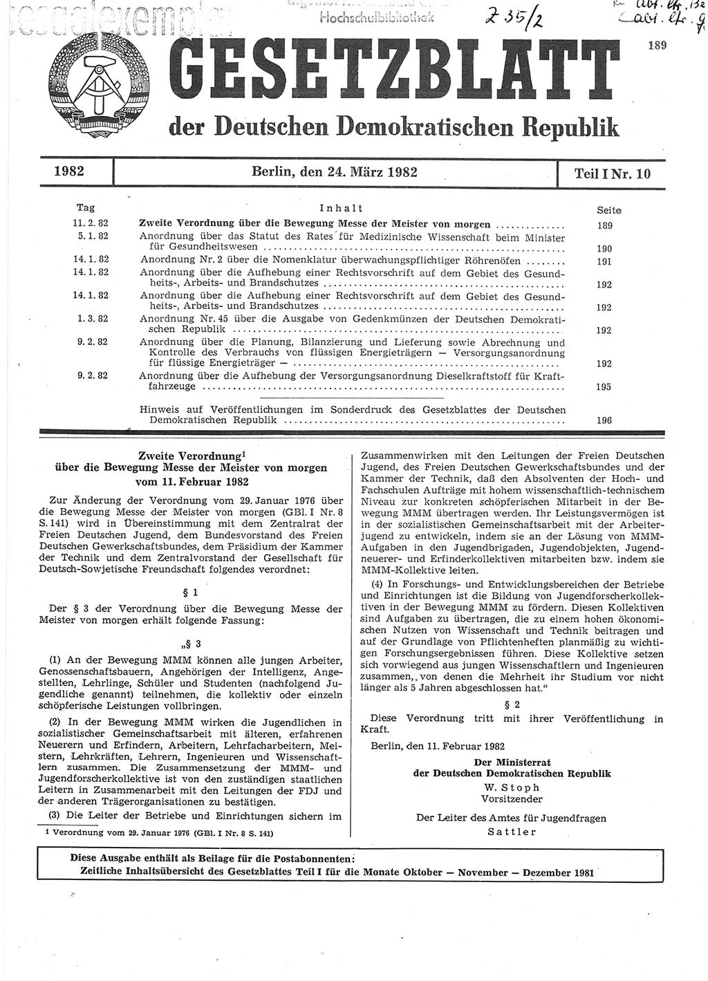 Gesetzblatt (GBl.) der Deutschen Demokratischen Republik (DDR) Teil Ⅰ 1982, Seite 189 (GBl. DDR Ⅰ 1982, S. 189)