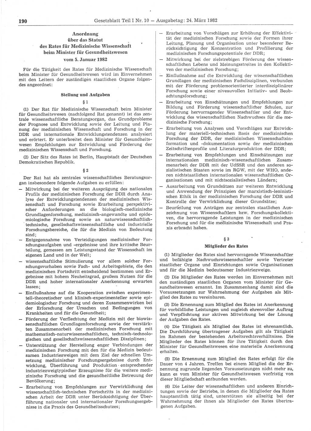 Gesetzblatt (GBl.) der Deutschen Demokratischen Republik (DDR) Teil Ⅰ 1982, Seite 190 (GBl. DDR Ⅰ 1982, S. 190)