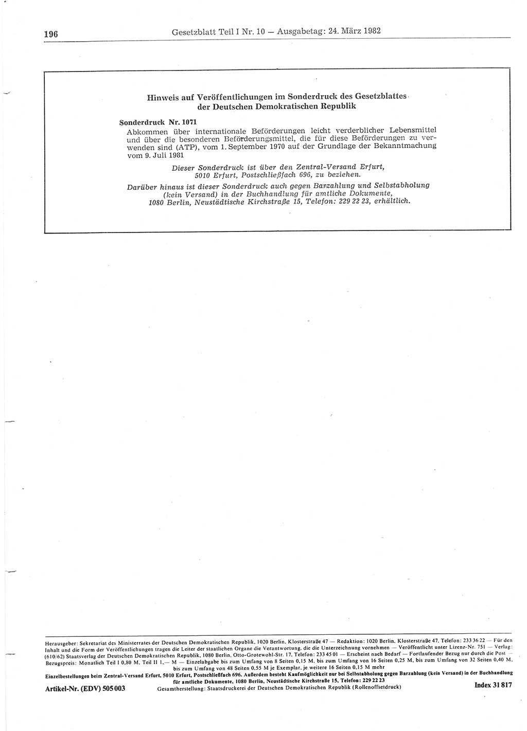 Gesetzblatt (GBl.) der Deutschen Demokratischen Republik (DDR) Teil Ⅰ 1982, Seite 196 (GBl. DDR Ⅰ 1982, S. 196)