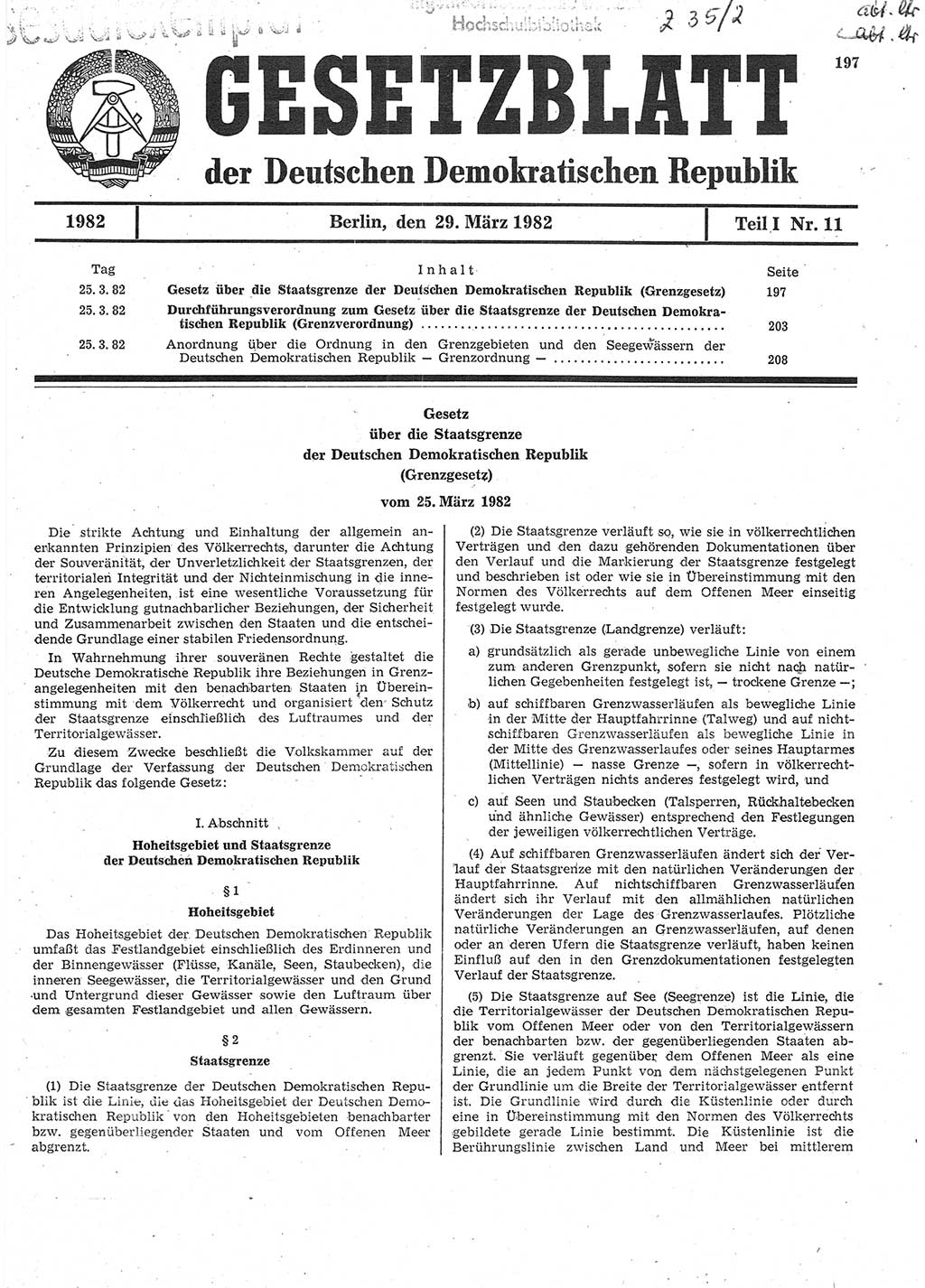 Gesetzblatt (GBl.) der Deutschen Demokratischen Republik (DDR) Teil Ⅰ 1982, Seite 197 (GBl. DDR Ⅰ 1982, S. 197)