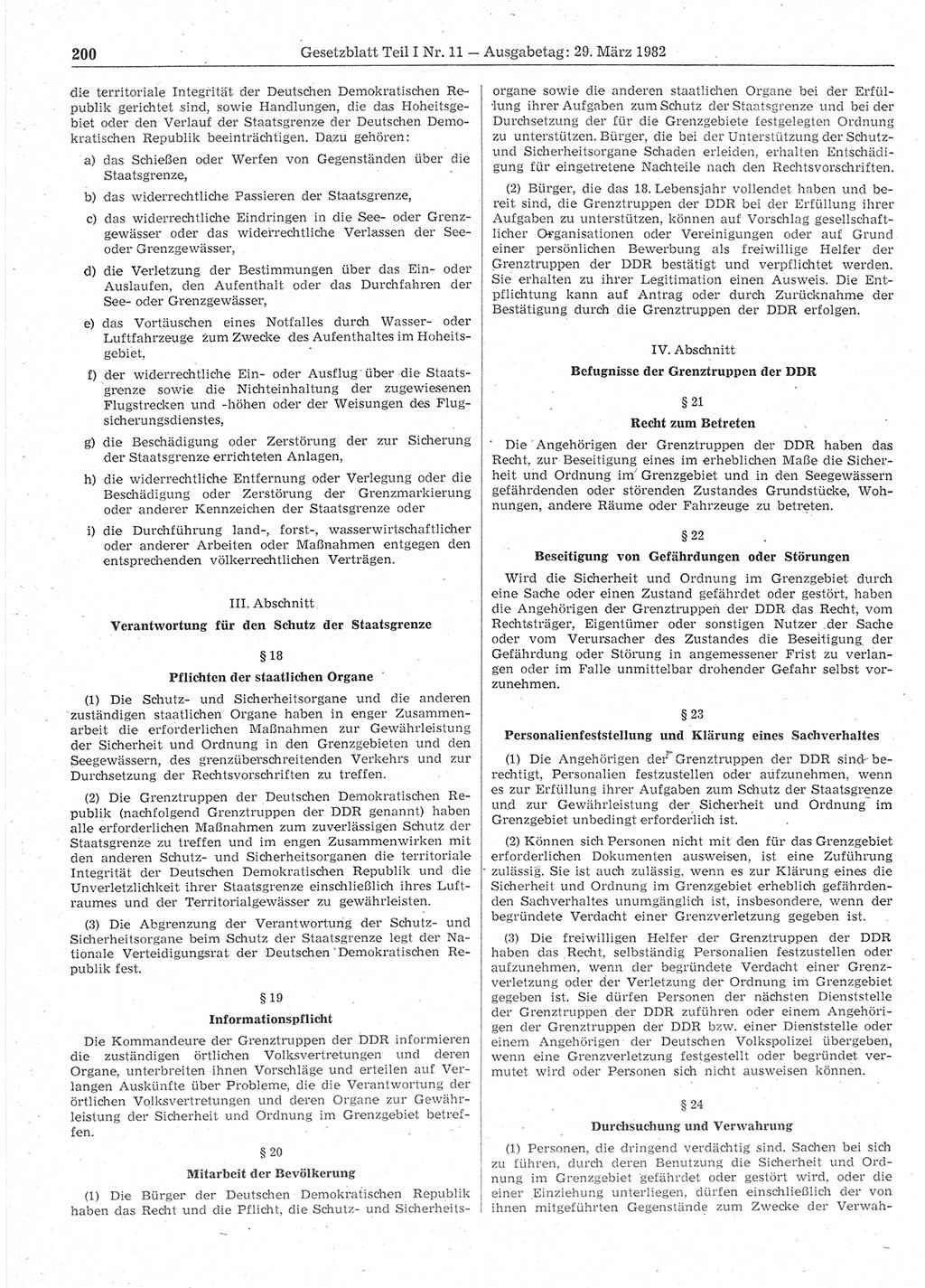 Gesetzblatt (GBl.) der Deutschen Demokratischen Republik (DDR) Teil Ⅰ 1982, Seite 200 (GBl. DDR Ⅰ 1982, S. 200)