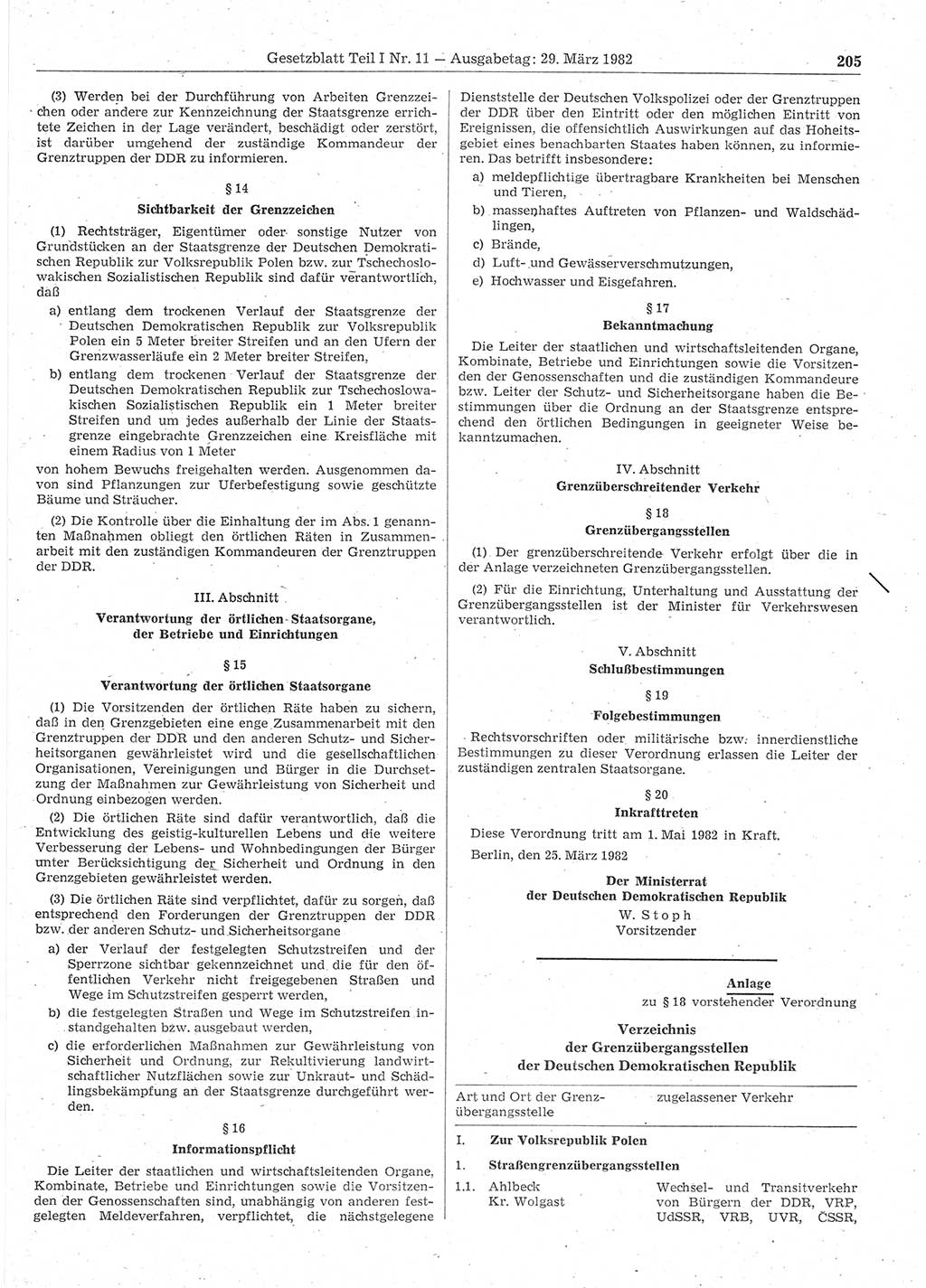 Gesetzblatt (GBl.) der Deutschen Demokratischen Republik (DDR) Teil Ⅰ 1982, Seite 205 (GBl. DDR Ⅰ 1982, S. 205)