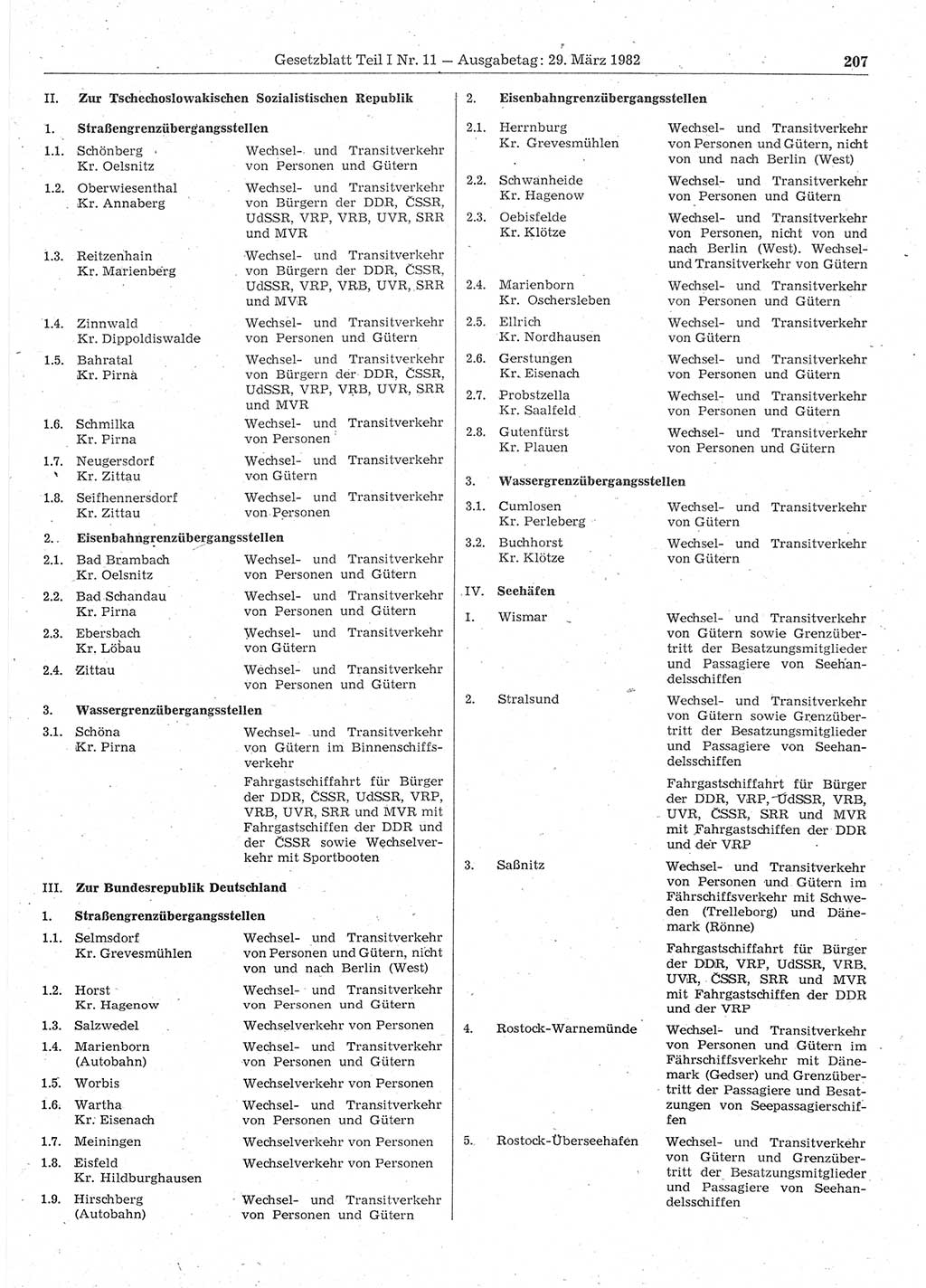 Gesetzblatt (GBl.) der Deutschen Demokratischen Republik (DDR) Teil Ⅰ 1982, Seite 207 (GBl. DDR Ⅰ 1982, S. 207)