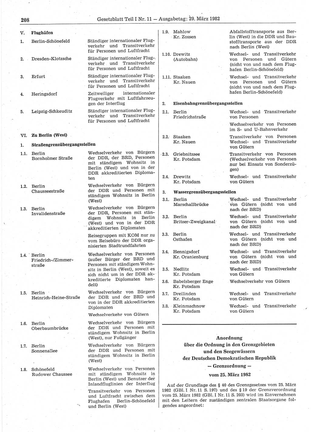 Gesetzblatt (GBl.) der Deutschen Demokratischen Republik (DDR) Teil Ⅰ 1982, Seite 208 (GBl. DDR Ⅰ 1982, S. 208)