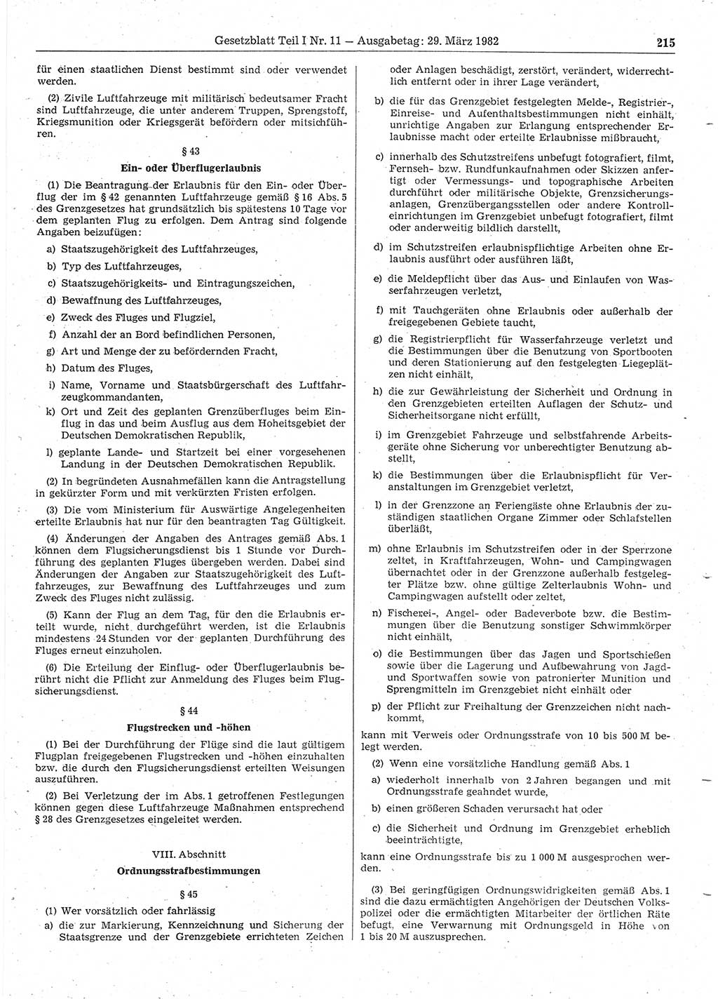 Gesetzblatt (GBl.) der Deutschen Demokratischen Republik (DDR) Teil Ⅰ 1982, Seite 215 (GBl. DDR Ⅰ 1982, S. 215)
