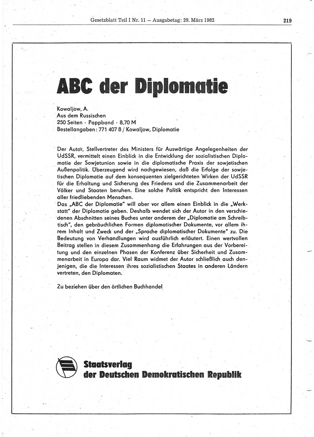 Gesetzblatt (GBl.) der Deutschen Demokratischen Republik (DDR) Teil Ⅰ 1982, Seite 219 (GBl. DDR Ⅰ 1982, S. 219)