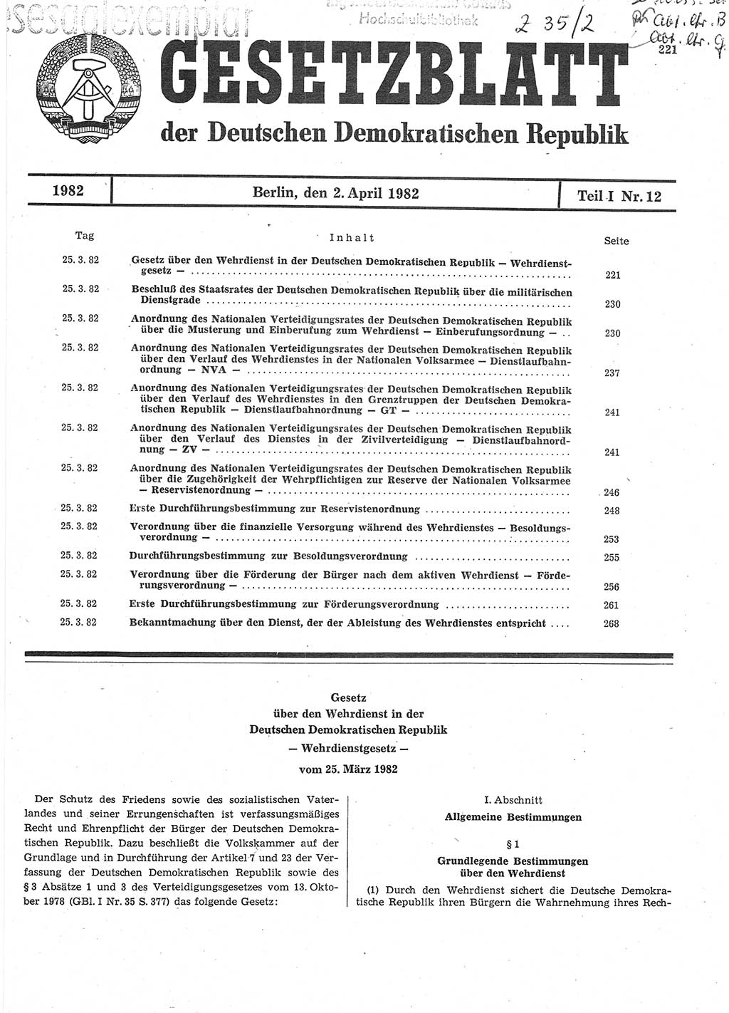 Gesetzblatt (GBl.) der Deutschen Demokratischen Republik (DDR) Teil Ⅰ 1982, Seite 221 (GBl. DDR Ⅰ 1982, S. 221)