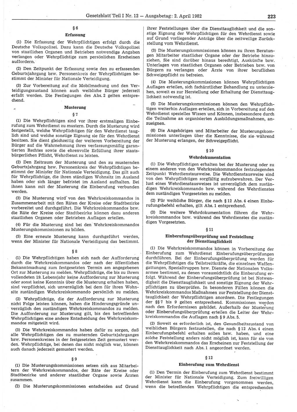 Gesetzblatt (GBl.) der Deutschen Demokratischen Republik (DDR) Teil Ⅰ 1982, Seite 223 (GBl. DDR Ⅰ 1982, S. 223)