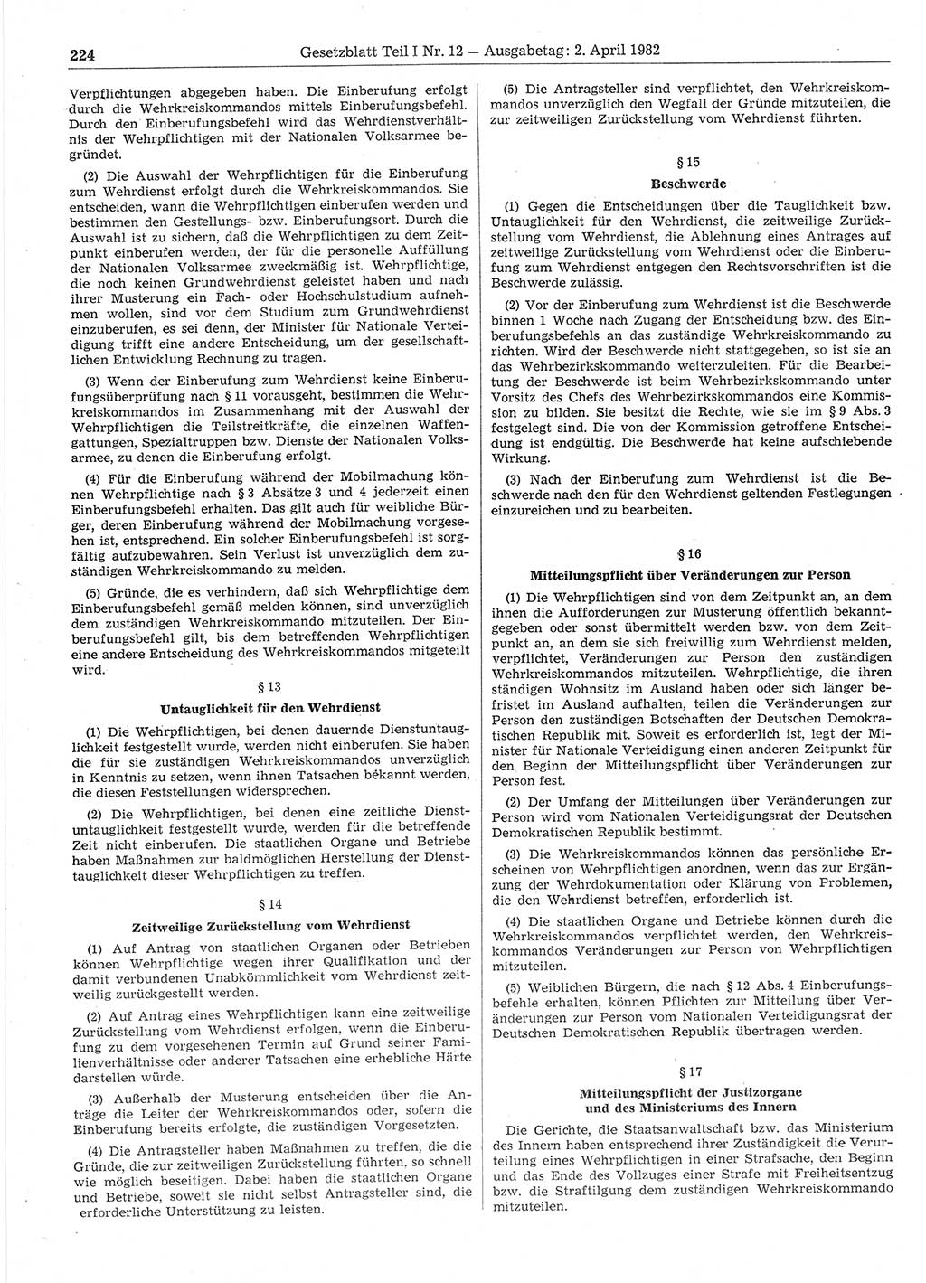 Gesetzblatt (GBl.) der Deutschen Demokratischen Republik (DDR) Teil Ⅰ 1982, Seite 224 (GBl. DDR Ⅰ 1982, S. 224)