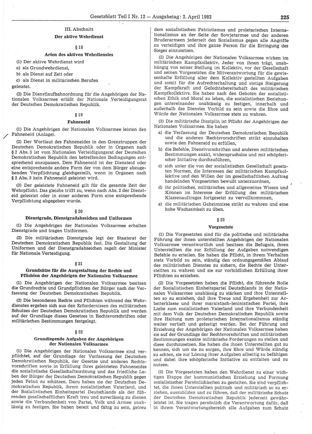 Gesetzblatt (GBl.) der Deutschen Demokratischen Republik (DDR) Teil Ⅰ 1982, Seite 225 (GBl. DDR Ⅰ 1982, S. 225)