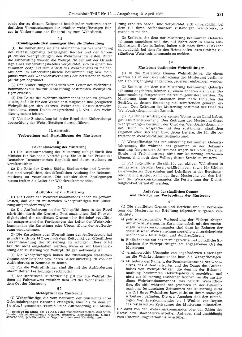 Gesetzblatt (GBl.) der Deutschen Demokratischen Republik (DDR) Teil Ⅰ 1982, Seite 231 (GBl. DDR Ⅰ 1982, S. 231)