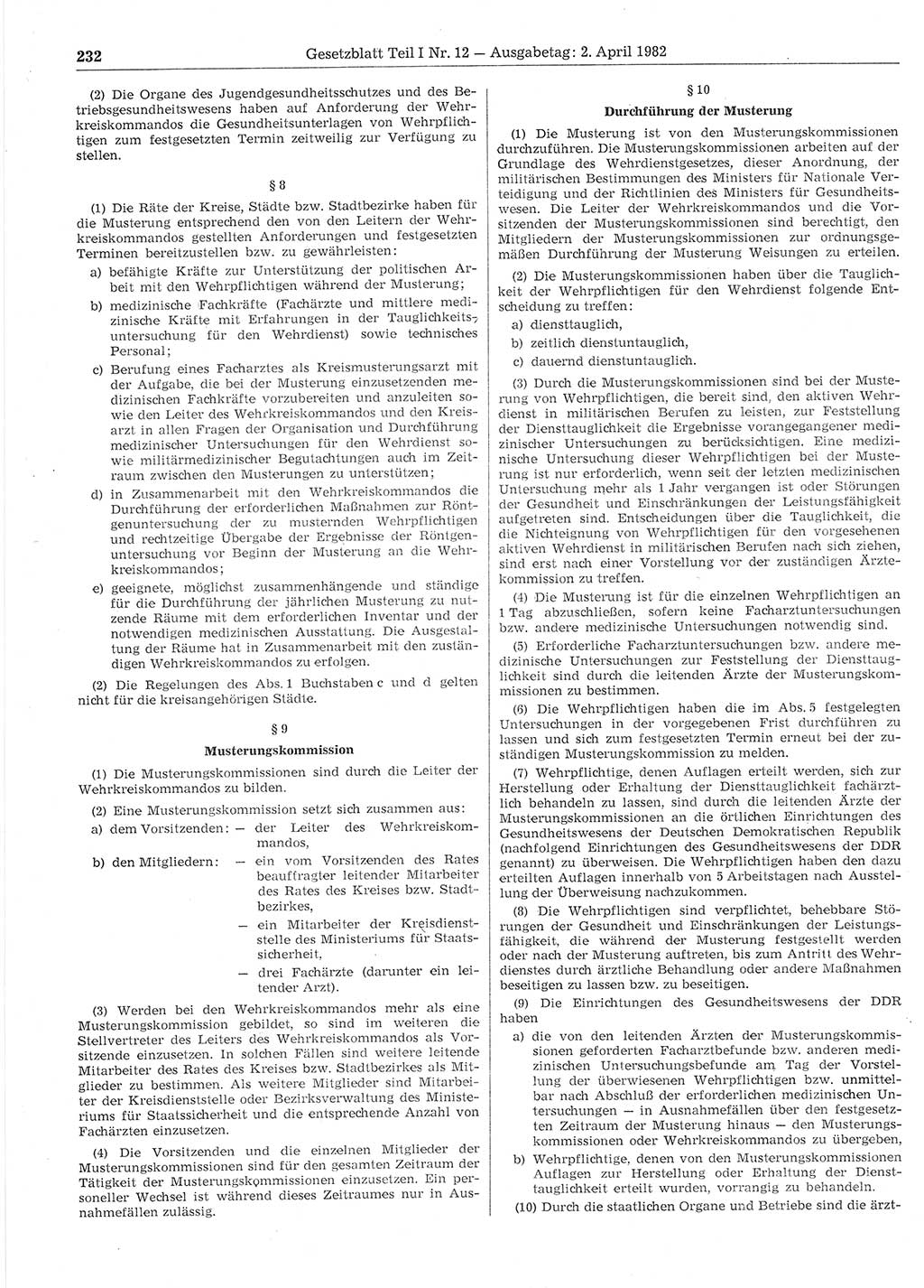 Gesetzblatt (GBl.) der Deutschen Demokratischen Republik (DDR) Teil Ⅰ 1982, Seite 232 (GBl. DDR Ⅰ 1982, S. 232)