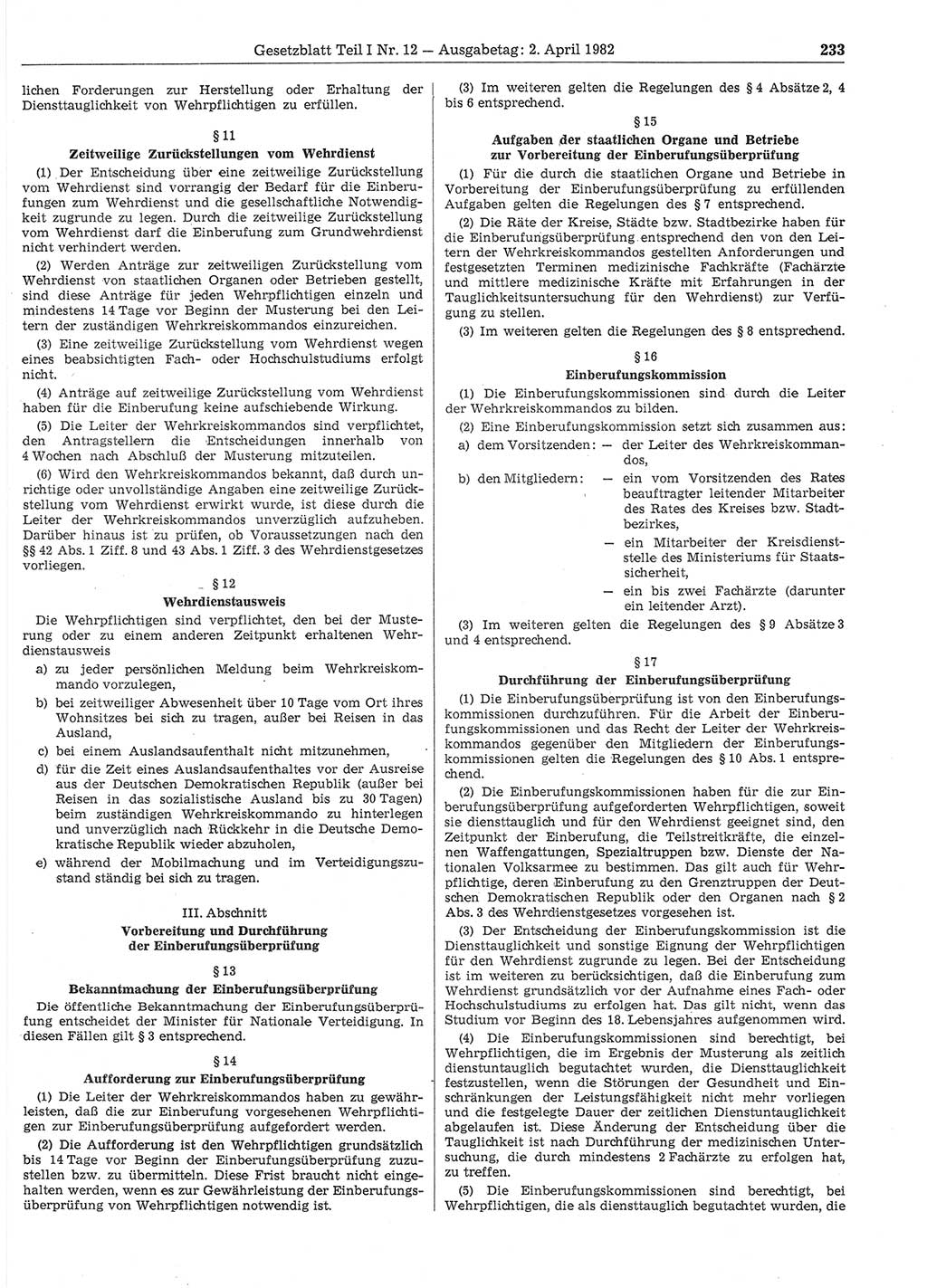 Gesetzblatt (GBl.) der Deutschen Demokratischen Republik (DDR) Teil Ⅰ 1982, Seite 233 (GBl. DDR Ⅰ 1982, S. 233)