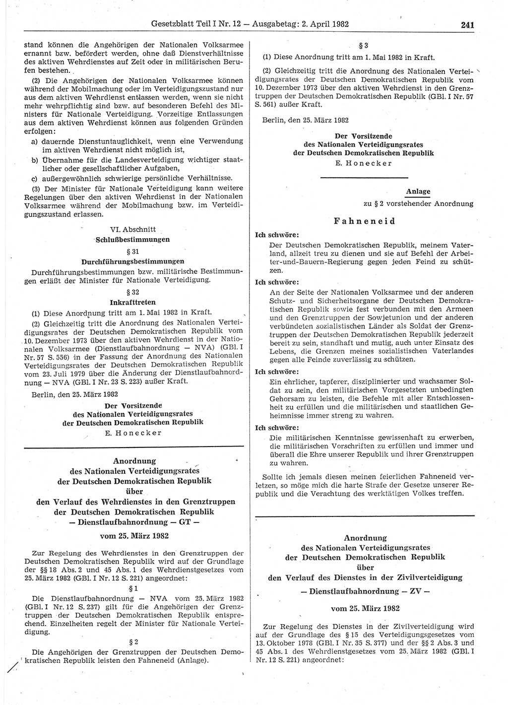Gesetzblatt (GBl.) der Deutschen Demokratischen Republik (DDR) Teil Ⅰ 1982, Seite 241 (GBl. DDR Ⅰ 1982, S. 241)