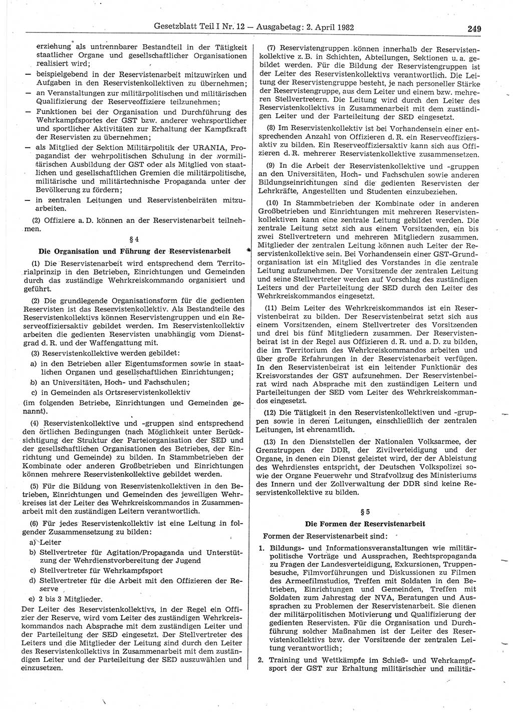 Gesetzblatt (GBl.) der Deutschen Demokratischen Republik (DDR) Teil Ⅰ 1982, Seite 249 (GBl. DDR Ⅰ 1982, S. 249)