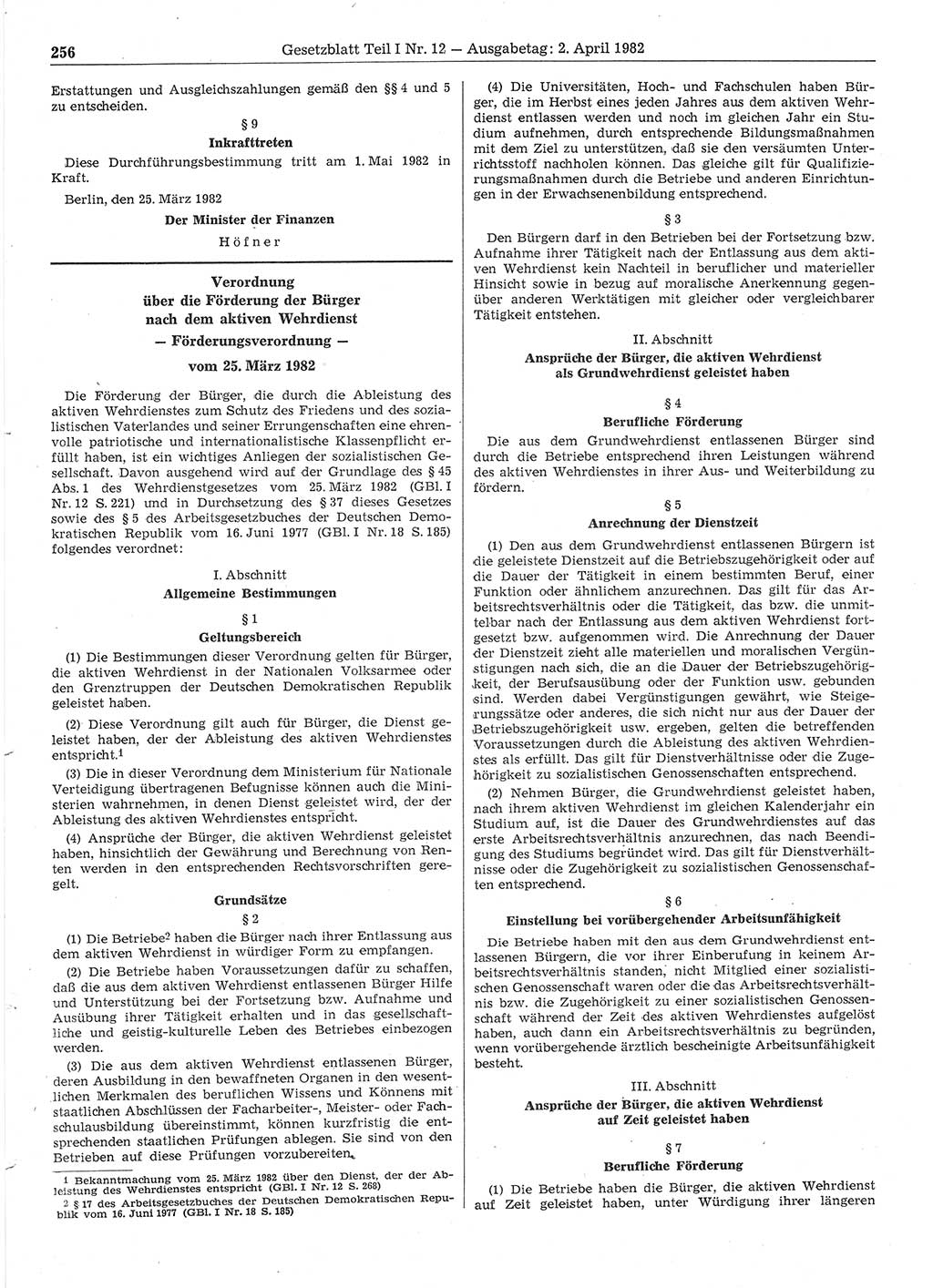Gesetzblatt (GBl.) der Deutschen Demokratischen Republik (DDR) Teil Ⅰ 1982, Seite 256 (GBl. DDR Ⅰ 1982, S. 256)