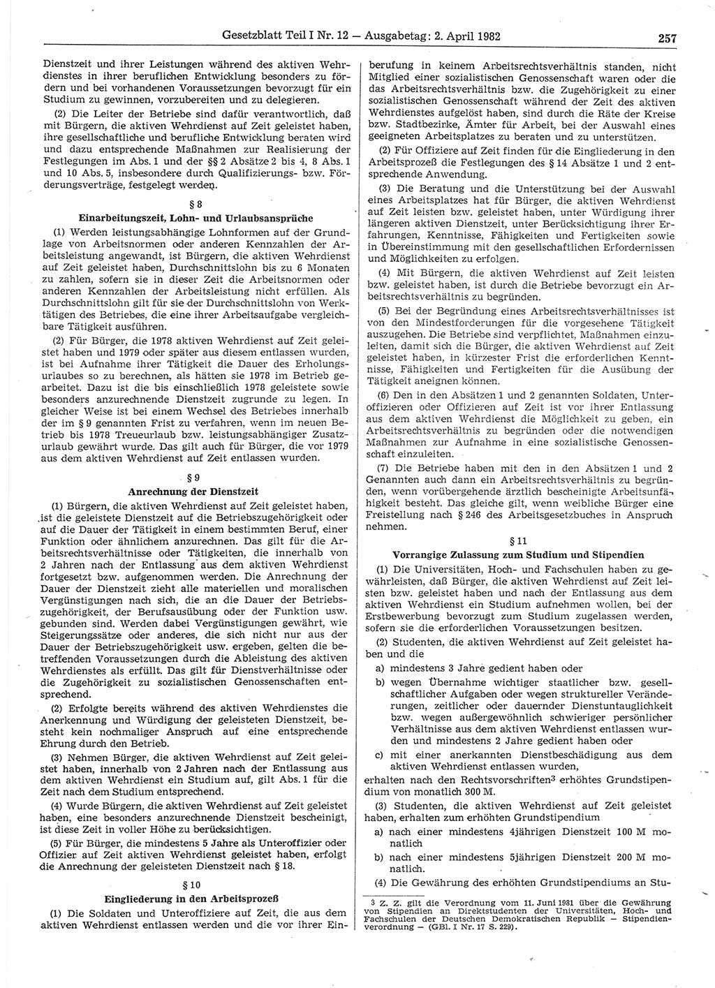 Gesetzblatt (GBl.) der Deutschen Demokratischen Republik (DDR) Teil Ⅰ 1982, Seite 257 (GBl. DDR Ⅰ 1982, S. 257)