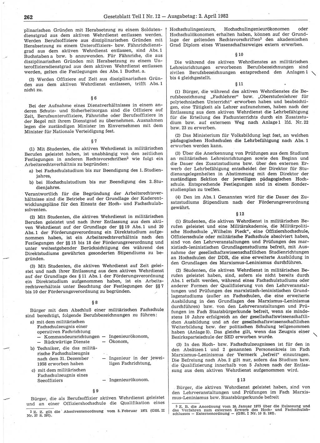 Gesetzblatt (GBl.) der Deutschen Demokratischen Republik (DDR) Teil Ⅰ 1982, Seite 262 (GBl. DDR Ⅰ 1982, S. 262)