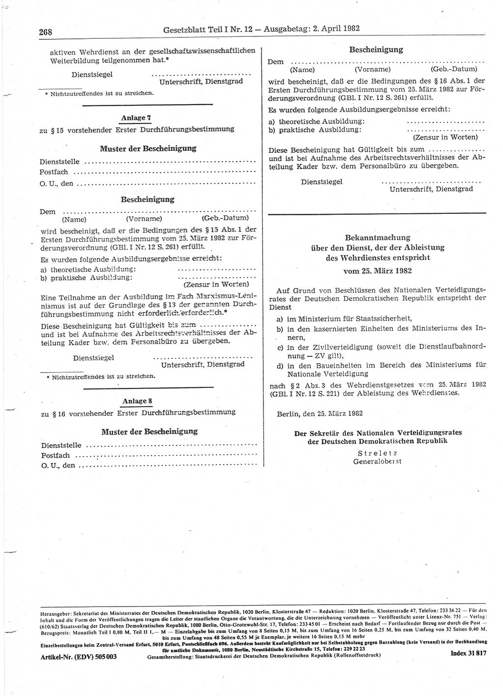 Gesetzblatt (GBl.) der Deutschen Demokratischen Republik (DDR) Teil Ⅰ 1982, Seite 268 (GBl. DDR Ⅰ 1982, S. 268)