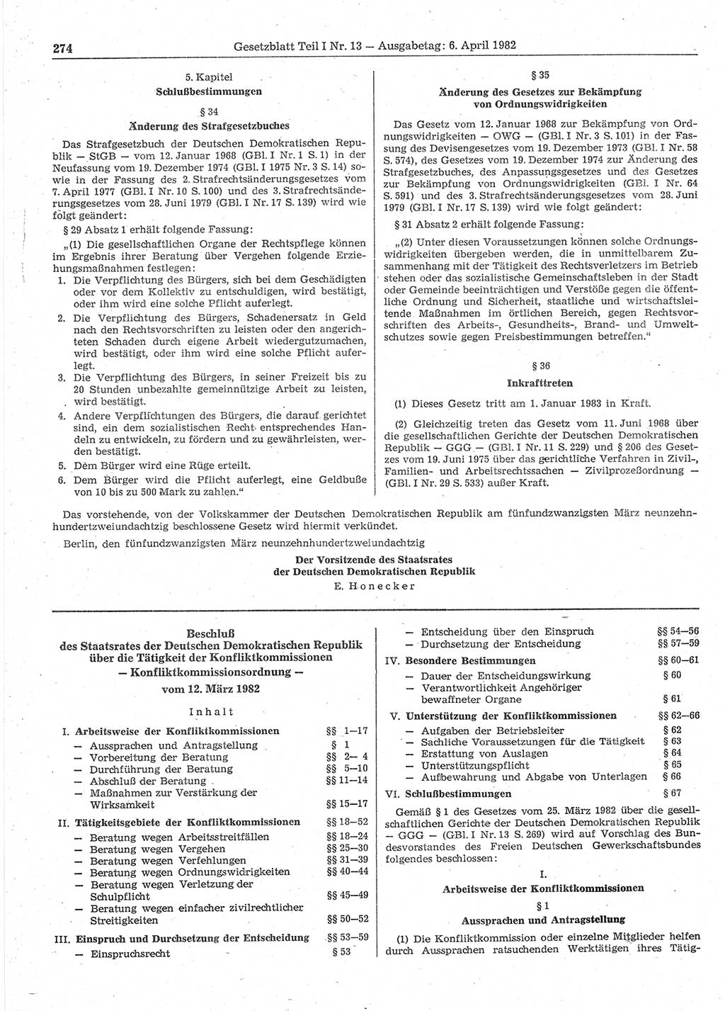 Gesetzblatt (GBl.) der Deutschen Demokratischen Republik (DDR) Teil Ⅰ 1982, Seite 274 (GBl. DDR Ⅰ 1982, S. 274)