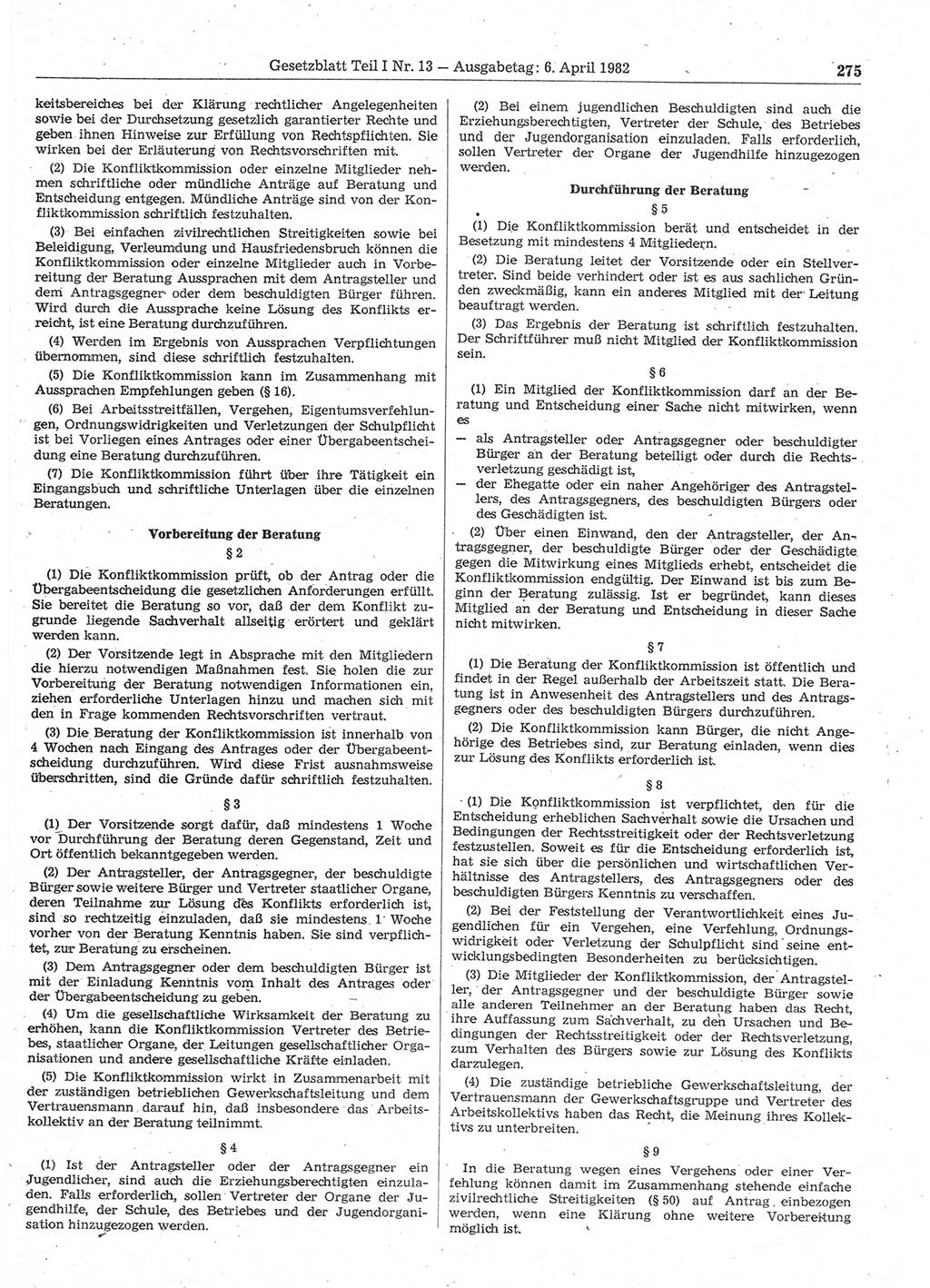 Gesetzblatt (GBl.) der Deutschen Demokratischen Republik (DDR) Teil Ⅰ 1982, Seite 275 (GBl. DDR Ⅰ 1982, S. 275)