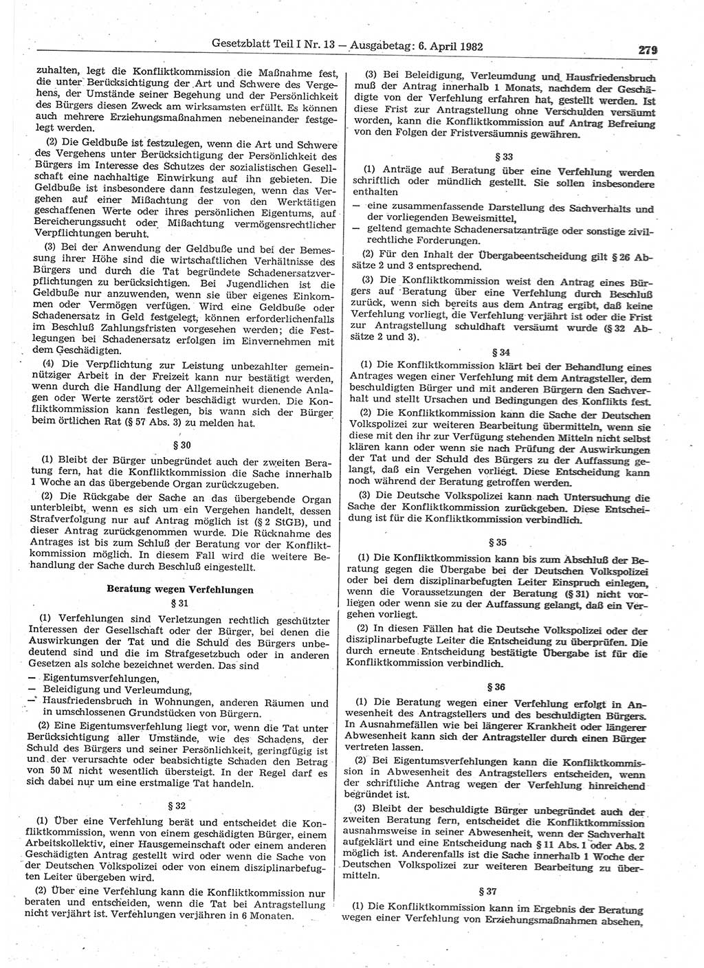 Gesetzblatt (GBl.) der Deutschen Demokratischen Republik (DDR) Teil Ⅰ 1982, Seite 279 (GBl. DDR Ⅰ 1982, S. 279)