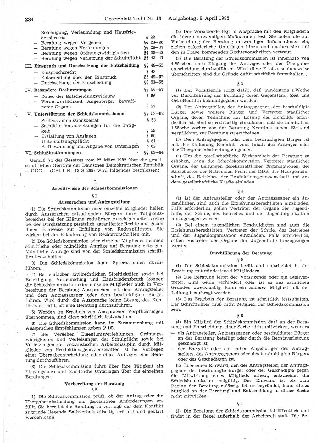 Gesetzblatt (GBl.) der Deutschen Demokratischen Republik (DDR) Teil Ⅰ 1982, Seite 284 (GBl. DDR Ⅰ 1982, S. 284)