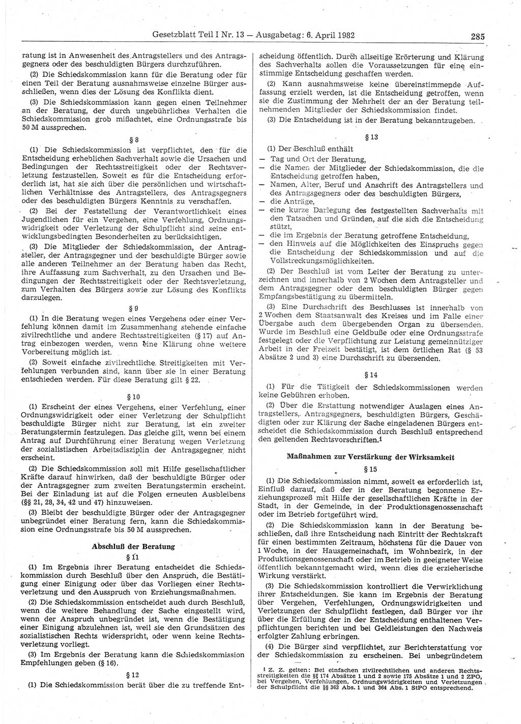 Gesetzblatt (GBl.) der Deutschen Demokratischen Republik (DDR) Teil Ⅰ 1982, Seite 285 (GBl. DDR Ⅰ 1982, S. 285)