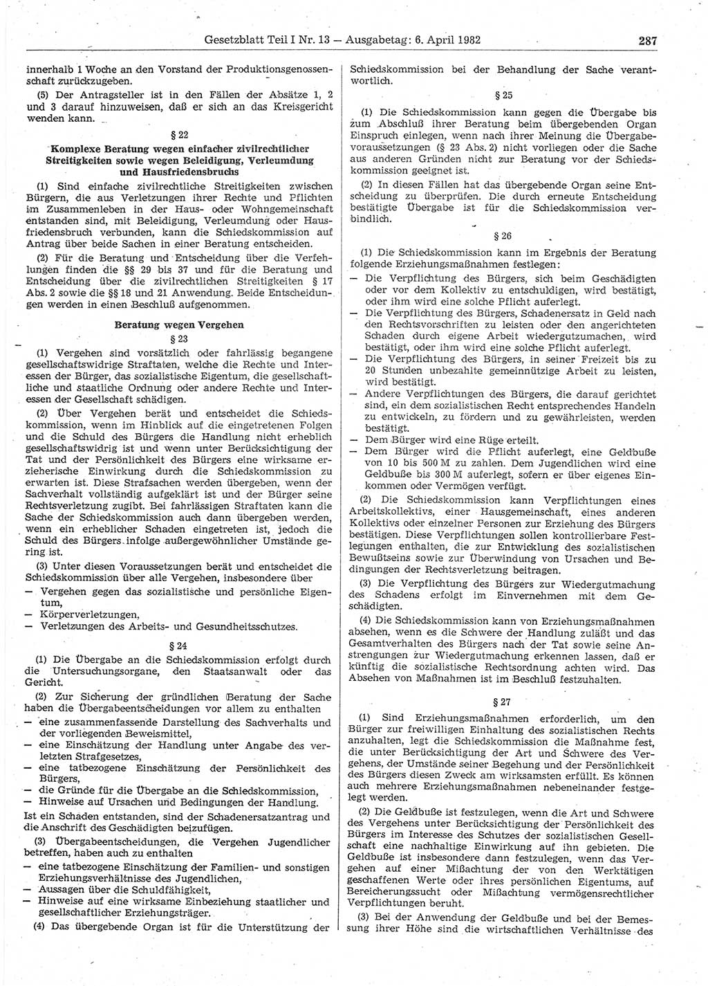 Gesetzblatt (GBl.) der Deutschen Demokratischen Republik (DDR) Teil Ⅰ 1982, Seite 287 (GBl. DDR Ⅰ 1982, S. 287)