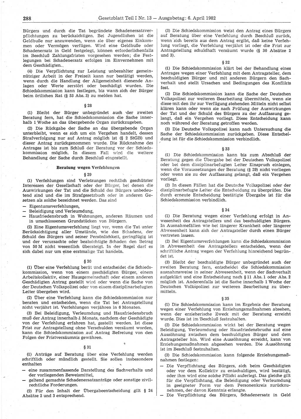 Gesetzblatt (GBl.) der Deutschen Demokratischen Republik (DDR) Teil Ⅰ 1982, Seite 288 (GBl. DDR Ⅰ 1982, S. 288)