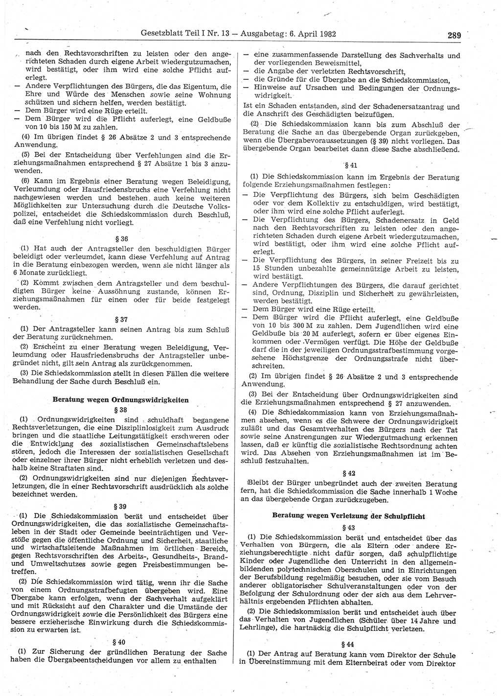 Gesetzblatt (GBl.) der Deutschen Demokratischen Republik (DDR) Teil Ⅰ 1982, Seite 289 (GBl. DDR Ⅰ 1982, S. 289)