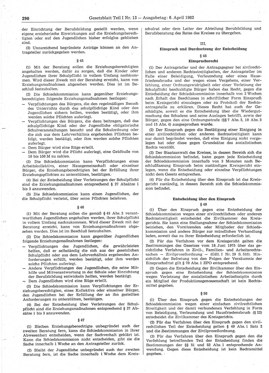 Gesetzblatt (GBl.) der Deutschen Demokratischen Republik (DDR) Teil Ⅰ 1982, Seite 290 (GBl. DDR Ⅰ 1982, S. 290)
