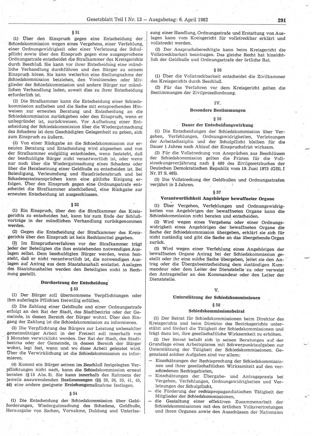 Gesetzblatt (GBl.) der Deutschen Demokratischen Republik (DDR) Teil Ⅰ 1982, Seite 291 (GBl. DDR Ⅰ 1982, S. 291)
