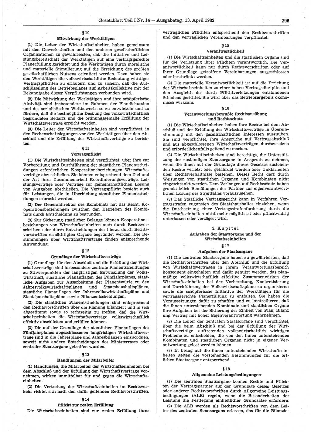 Gesetzblatt (GBl.) der Deutschen Demokratischen Republik (DDR) Teil Ⅰ 1982, Seite 295 (GBl. DDR Ⅰ 1982, S. 295)
