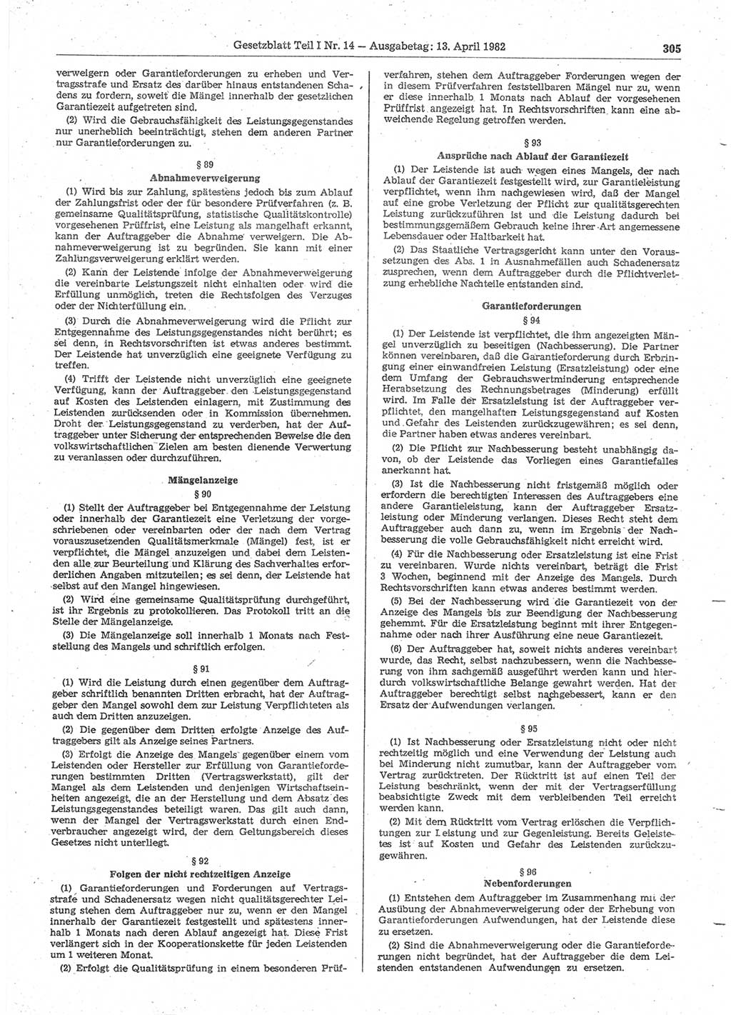 Gesetzblatt (GBl.) der Deutschen Demokratischen Republik (DDR) Teil Ⅰ 1982, Seite 305 (GBl. DDR Ⅰ 1982, S. 305)