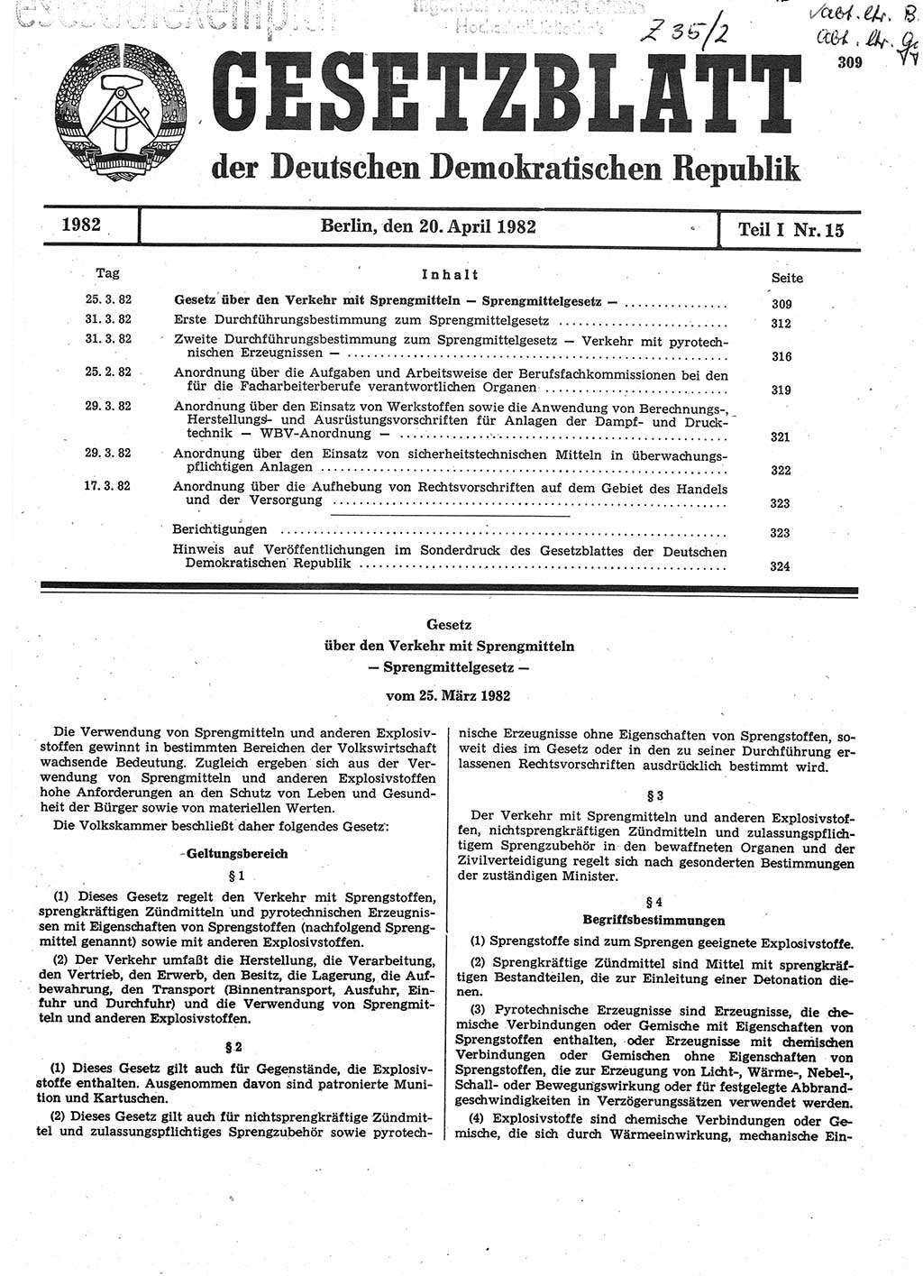 Gesetzblatt (GBl.) der Deutschen Demokratischen Republik (DDR) Teil Ⅰ 1982, Seite 309 (GBl. DDR Ⅰ 1982, S. 309)