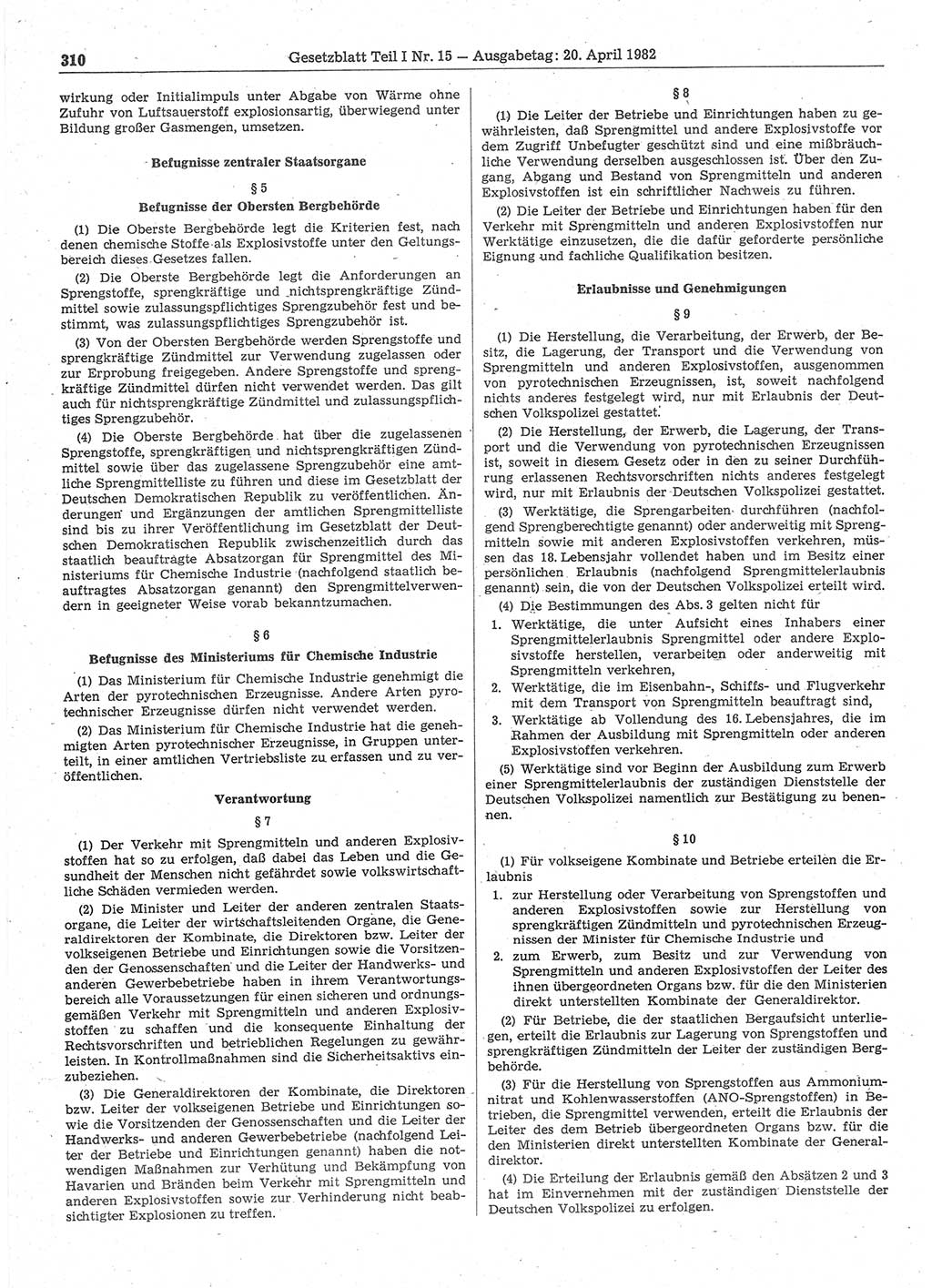 Gesetzblatt (GBl.) der Deutschen Demokratischen Republik (DDR) Teil Ⅰ 1982, Seite 310 (GBl. DDR Ⅰ 1982, S. 310)