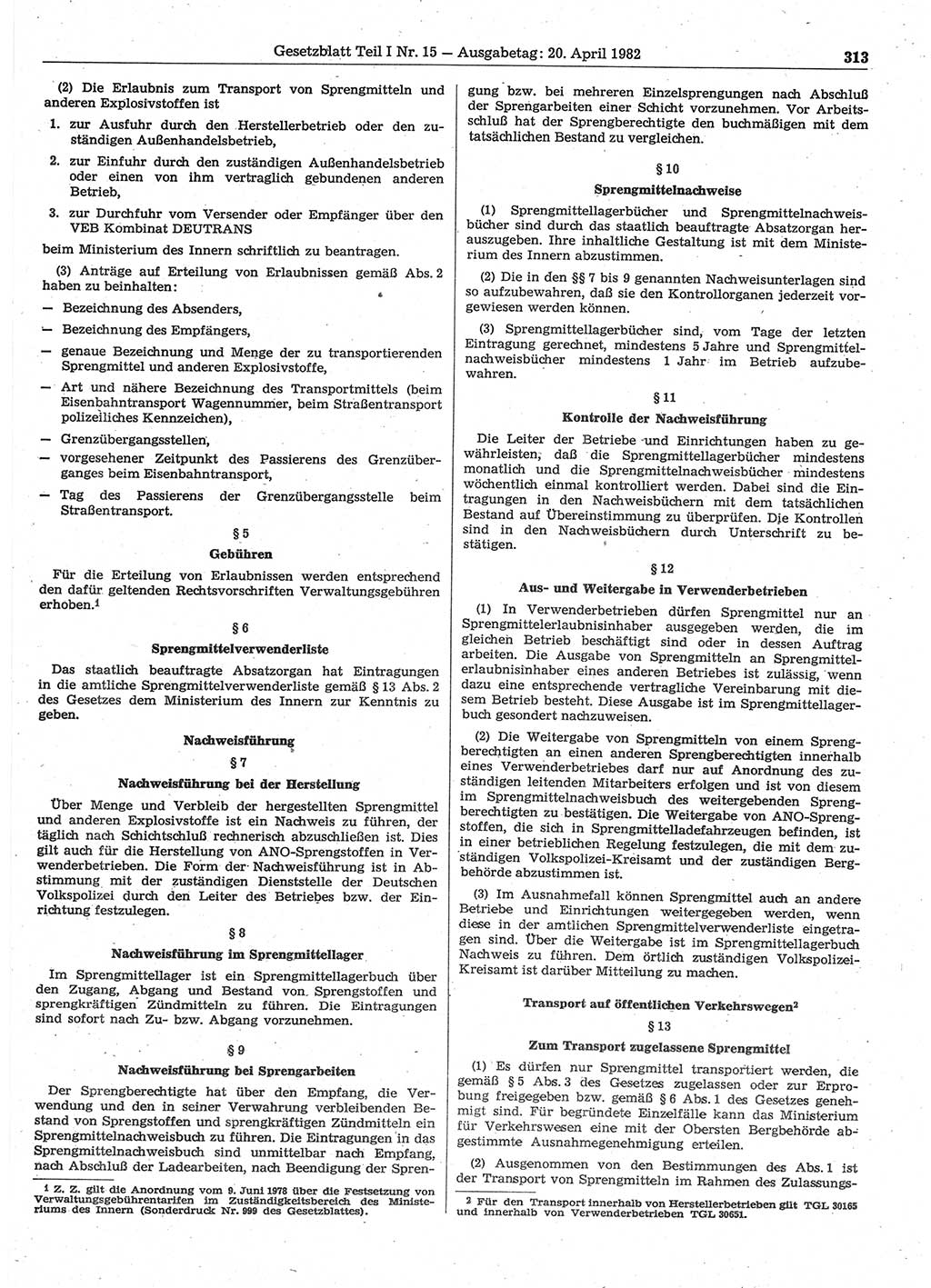 Gesetzblatt (GBl.) der Deutschen Demokratischen Republik (DDR) Teil Ⅰ 1982, Seite 313 (GBl. DDR Ⅰ 1982, S. 313)