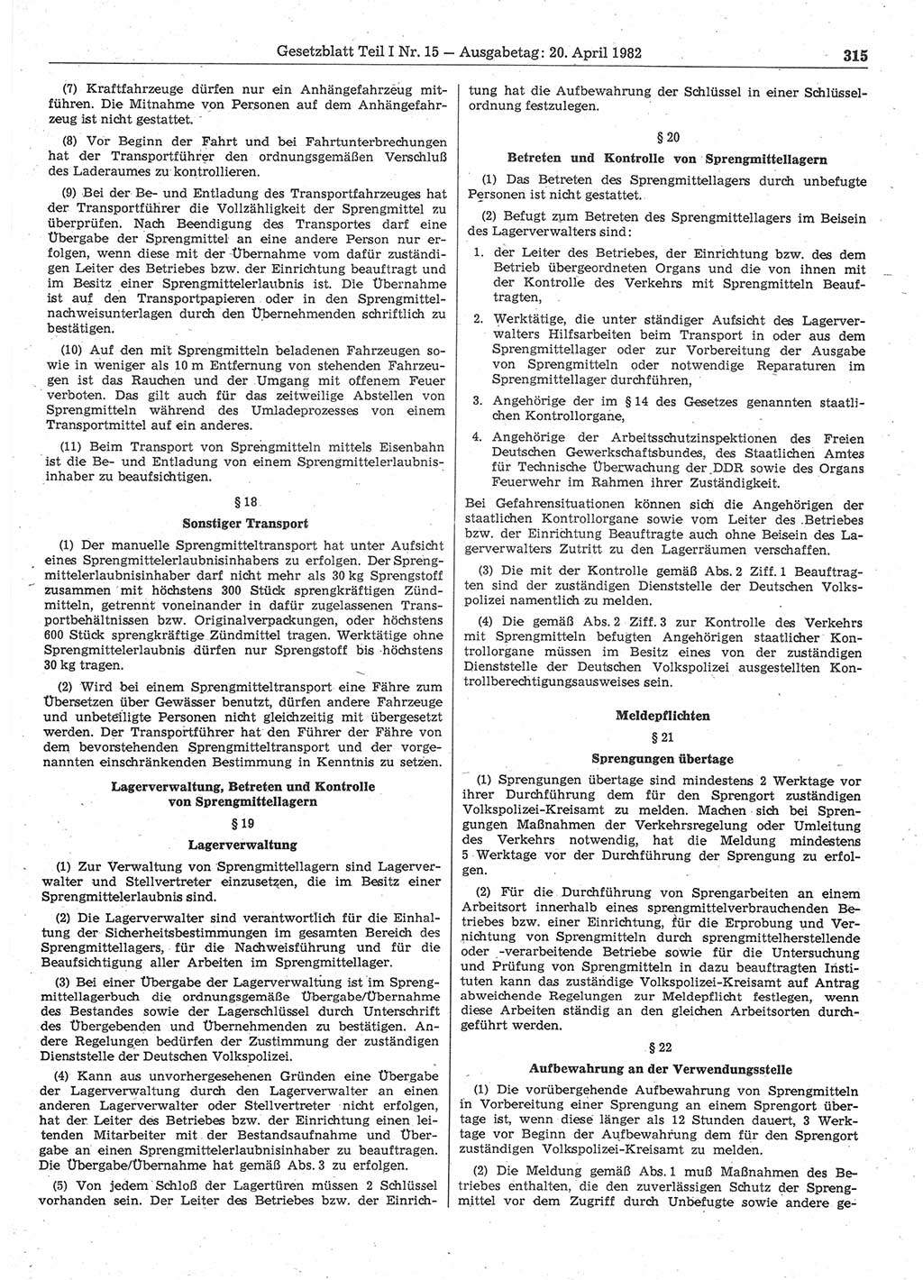 Gesetzblatt (GBl.) der Deutschen Demokratischen Republik (DDR) Teil Ⅰ 1982, Seite 315 (GBl. DDR Ⅰ 1982, S. 315)
