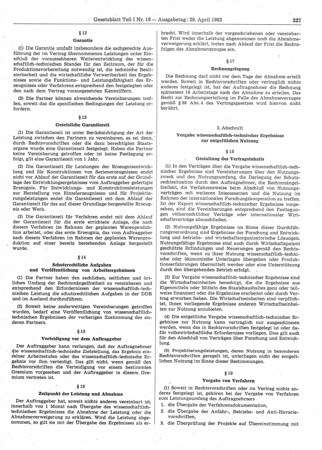Gesetzblatt (GBl.) der Deutschen Demokratischen Republik (DDR) Teil Ⅰ 1982, Seite 327 (GBl. DDR Ⅰ 1982, S. 327)